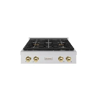Zline Autograph Edition 30 In. Paramount Gas Rangetop With 4 Burner Duopro™ Cooktop Accents In Polished Gold,satin Stainless Steel