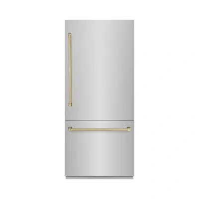 Zline Autograph Edition 36 In. 19.8 Cu. Ft. Built-in Bottom Freezer Refrigerator With Water Dispenser And  In Tainless Steel,champagne Bronze