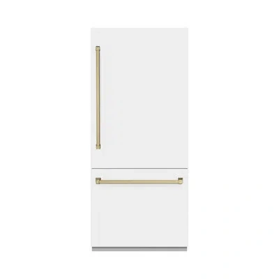Zline Autograph Edition 36 In. 19.8 Cu. Ft. Built-in Bottom Freezer Refrigerator With Water Dispenser And  In White Matte,champagne Bronze