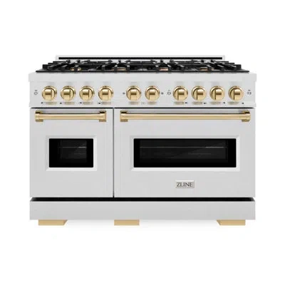 Zline Autograph Edition 48 In. 6.7 Cu. Ft. Classic Double Oven Gas Range With 8 Burner Cooktop In Gold,satin Stainless Steel