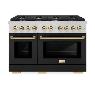 Zline Autograph Edition 48 In. 6.7 Cu. Ft. Paramount Double Oven Dual Fuel Range With 8 Burner Gas Cooktop In Black Matte;polished Gold