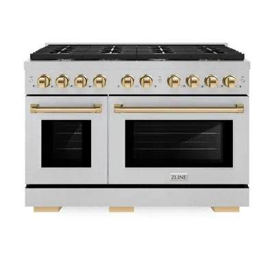 Zline Autograph Edition 48 In. 6.7 Cu. Ft. Paramount Double Oven Dual Fuel Range With 8 Burner Gas Cooktop In Stainless Steel,polished Gold