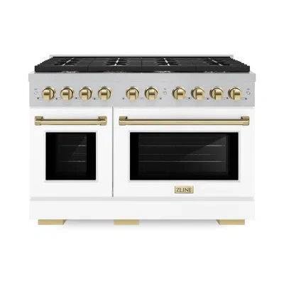 Zline Autograph Edition 48 In. 6.7 Cu. Ft. Paramount Double Oven Gas Range With 8 Burner Cooktop In Satin  In Polished Gold