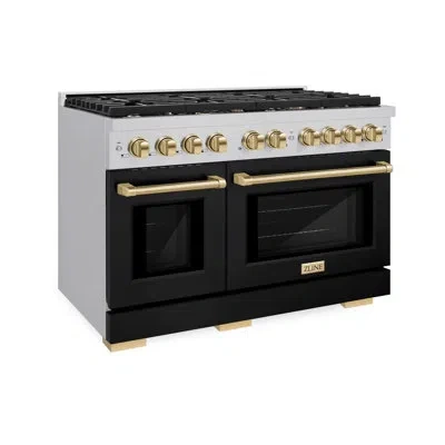 Zline Autograph Edition 48 In. 6.7 Cu. Ft. Paramount Double Oven Gas Range With 8 Burner Cooktop In Stainl In Black Matte,polished Gold
