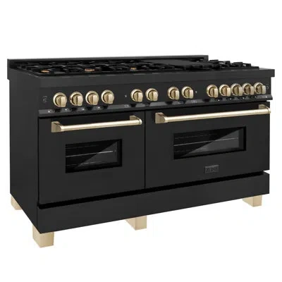 Zline Autograph Edition 60 In. 7.4 Cu. Ft. Legacy Dual Fuel Range With 9 Burner Gas Cooktop And 2 Electric In Black Stainless Steel And Gold
