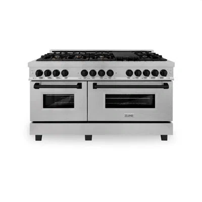 Zline Autograph Edition 60 In. 7.4 Cu. Ft. Legacy Dual Fuel Range With 9 Burner Gas Cooktop And 2 Electric In Stainless Steel,matte Black Accents