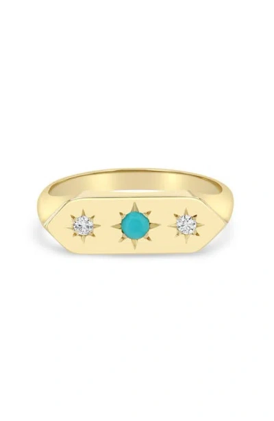 Zoë Chicco 14k Gold Turquoise & Diamond Signet Ring In Transparent