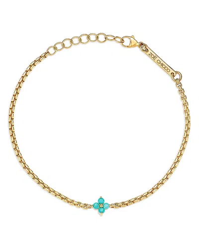 Zoë Chicco 14k Yellow Gold Turquoise Gemstones Flower Cluster Box Link Chain Bracelet