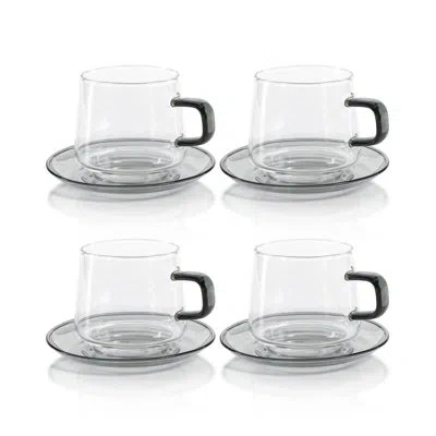 Zodax Bergamo Glass Tea & Coffee Cups And Saucers, Set Of 4 In Gray