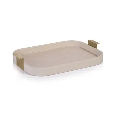 Zodax Córdoba Leather Tray With Metal Handles In Cream,gold