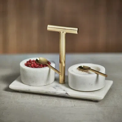 Zodax Ellie Marble Condiment Set Of 2 Bowls With Spoons In White