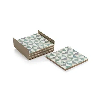 Zodax Manado Square 4 Piece Coaster Set With Holder In Gray;multi;natural White;lt Green