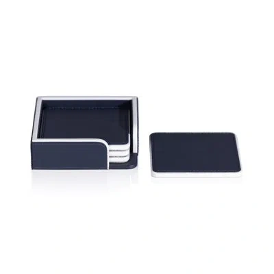 Zodax Nappa Leather 4-piece Coaster Set On Tray In Navy & White