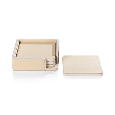 Zodax Nappa Leather & Raffia 4-piece Coaster Set On Tray In Cappuccino