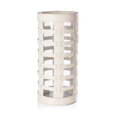 Zodax Nappa Woven Leather Glass Hurricane/ Vase In Cream