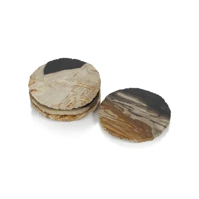 Zodax Plover 4" Petrified Wood Coasters, Set Of 4 In Brown,gray