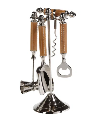 Zodax Polished Nickel And Leather Bar Tool Set In Brown