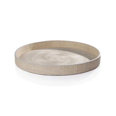 Zodax Reggio Naturale Fiber Raffia Round Serving Tray With Leather Trim In Beige,white