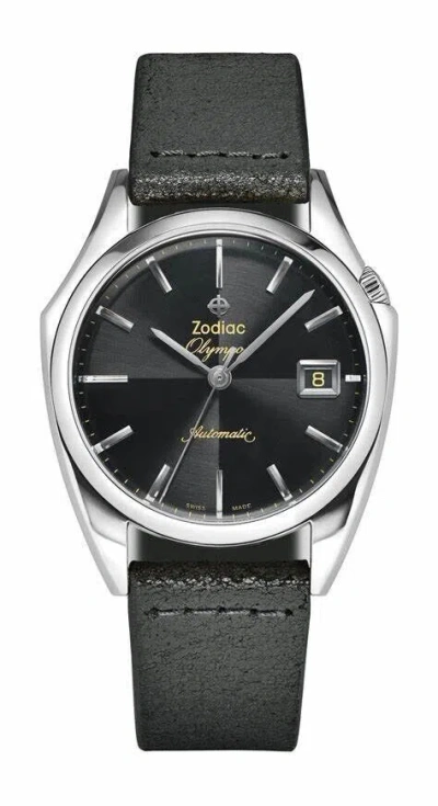 Pre-owned Zodiac Olympos Dress Automatic Black Dial Black Leather Strap Watch Zo9700
