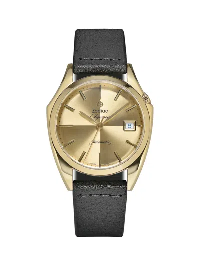 Pre-owned Zodiac Olympos Gold Dial Black Leather Men's Watch 37mm Swiss Automatic Zo9703