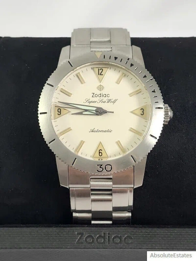 Pre-owned Zodiac Super Sea Wolf Automatic Silver Cream Mens Watch Zo9206 +box