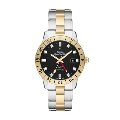 Pre-owned Zodiac Super Sea Wolf Gmt Black Dial Two-tone Gold Stainless Steel Watch Zo9406