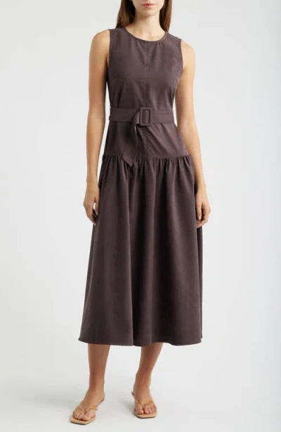 Zoe And Claire Belted Drop Waist Midi Dress In Brown