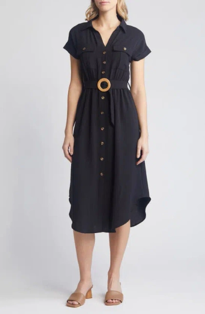 Zoe And Claire Belted Short Sleeve Shirtdress In Black