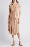 Zoe And Claire Belted Short Sleeve Shirtdress In Mocha