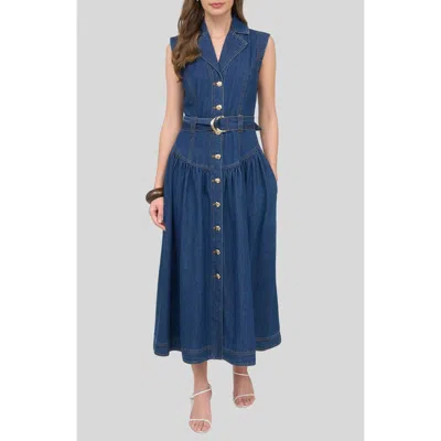 Zoe And Claire Belted Sleeveless Denim Maxi Dress In Blue