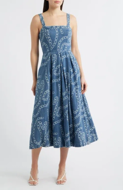 Zoe And Claire Chain Print Cotton Blend Denim Sundress In Blue