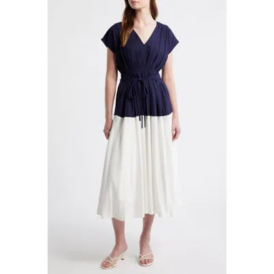 Zoe And Claire Colorblock Pleat Tie Belt Dress In Blue