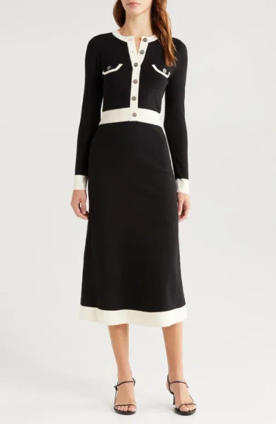 Zoe And Claire Contrast Long Sleeve Sweater Midi Dress In Black