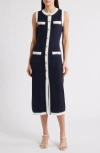 Zoe And Claire Contrast Piping Sleeveless Button-up Sweater Dress In Blue