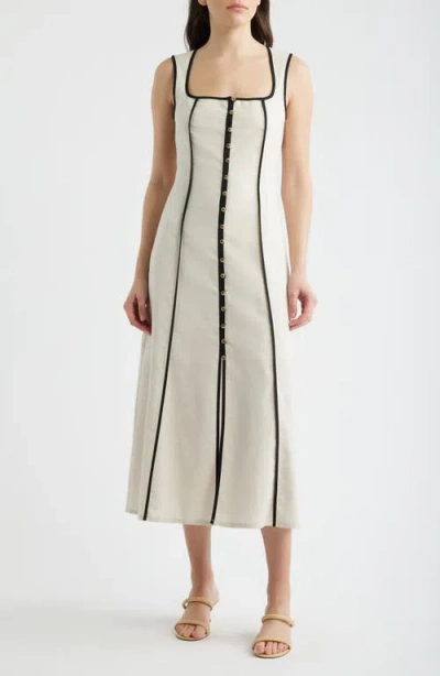 Zoe And Claire Contrast Piping Square Neck Button-up Midi Dress In Neutral