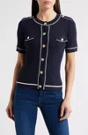Zoe And Claire Contrast Short Sleeve Sweater In Navy In Blue