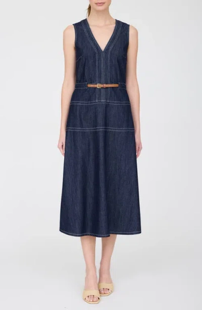 Zoe And Claire Contrast Stitch Sleeveless Cotton Blend Denim Dress In Blue