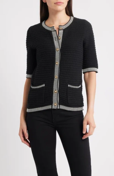 Zoe And Claire Cotton Blend Button-up Sweater In Black