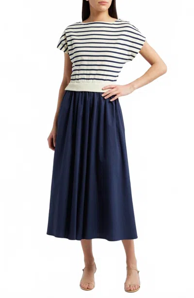 Zoe And Claire Cotton Striped Midi Dress In Navy In Blue