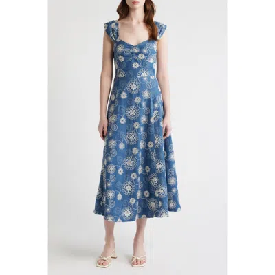 Zoe And Claire Embroidered Cap Sleeve Chambray Midi Dress In Blue