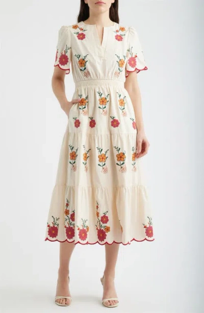 Zoe And Claire Embroidered Puff Sleeve Midi Dress In Multi