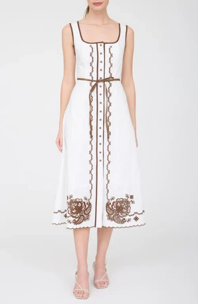 Zoe And Claire Floral Embroidered Belted Cotton Midi Dress In White