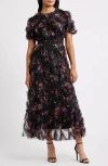 Zoe And Claire Floral Print Ruffle Mesh Maxi Dress In Black