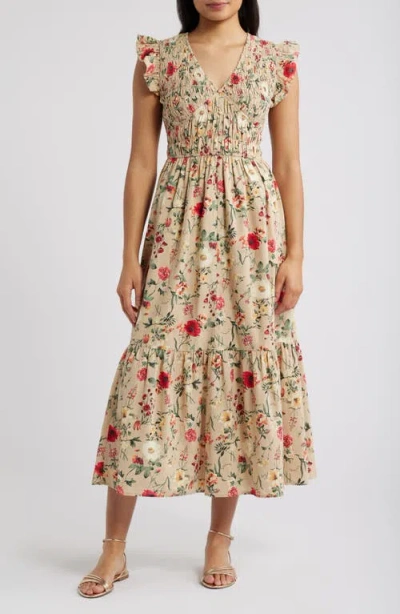 Zoe And Claire Floral Print Smocked Tiered Cotton Maxi Dress In Light Khaki Multi