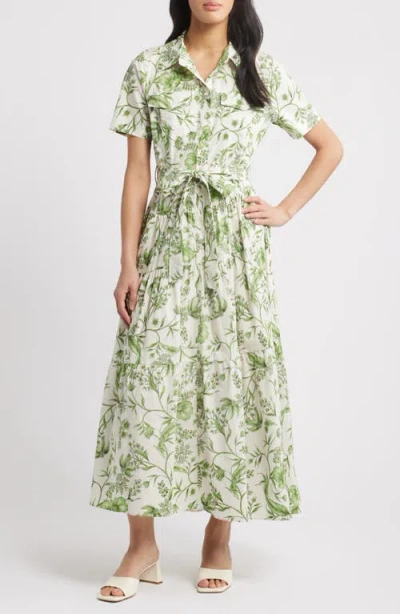 Zoe And Claire Floral Tiered Cotton Shirtdress In Green Multi
