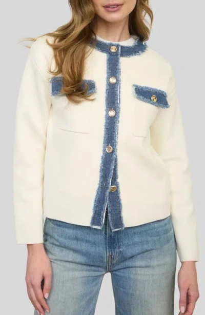 Zoe And Claire Frayed Denim Trim Knit Jacket In Neutral
