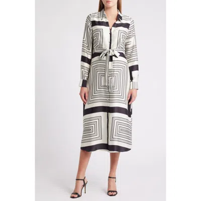 Zoe And Claire Geo Print Long Sleeve Satin Midi Dress In Black/white