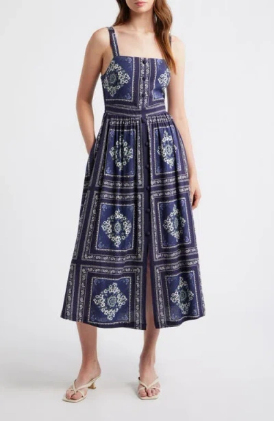 Zoe And Claire Grid Print Sleeveless Cotton & Linen Midi Dress In Blue