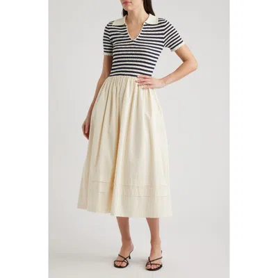 Zoe And Claire Hybrid Stripe Pointelle Rib & Woven Dress In White