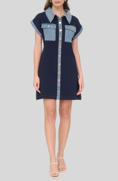 Zoe And Claire Knit Denim Trim Minidress In Blue